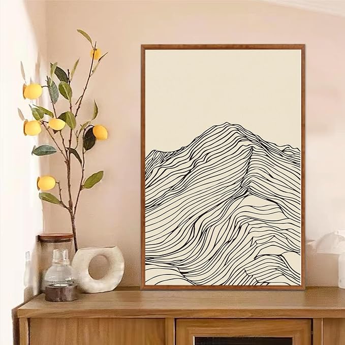 LHIUEM Abstract Wave Line Mountain Framed Canvas Wall Art,Boho Sun Wall Decor,Minimalist Beige Artwork for Living Room,Bedroom,Dining Room,Office -16"x24"x3
