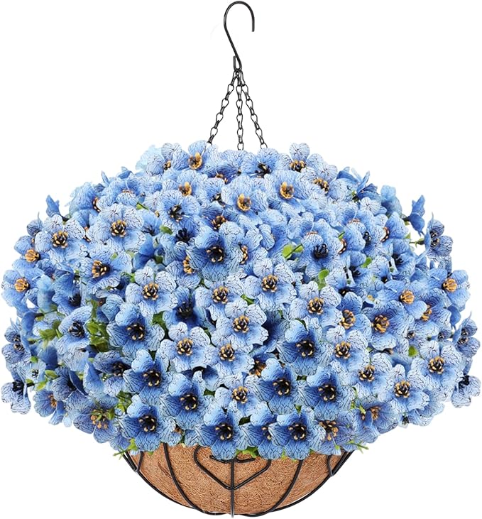 Artificial Hanging Flower for Outdoors, Fake Hanging Basket for Outside,1 Hanging Basket with 13 Pcs Faux Silk Flowers for Porch, Balcony and Patio Decor(Blue)