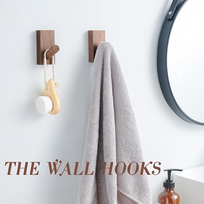 Felidio Natural Wooden Wall Hooks, Adhesive & Screw Mount Coat and Towel Hooks - Decorative Key Holder, Hat Rack, Stocking Wall Hangers for Bathroom Entryway Closet - 4 Pack, Walnut Wood