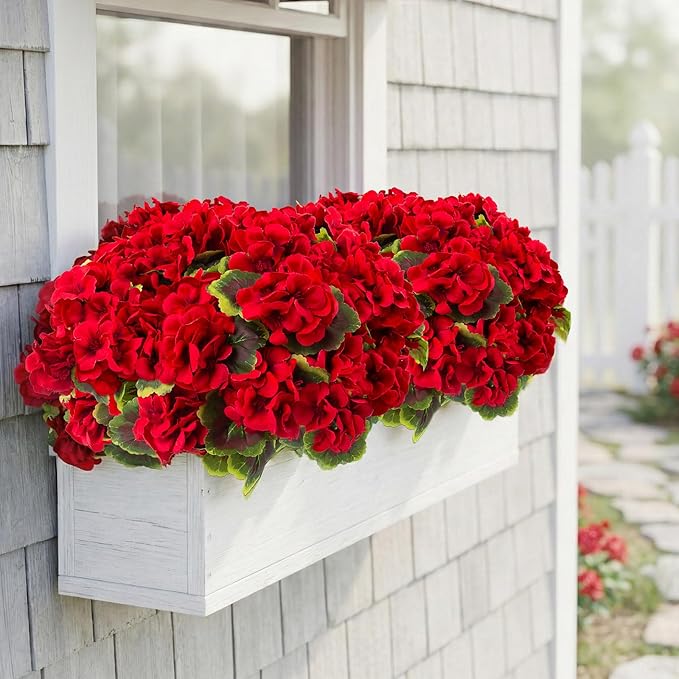 lovemoon 8 Pcs Artificial Geranium Plant Realistic Silk Flowers for Outside UV Resistant Faux Geraniums Flowers for Indoor Outdoor Home Garden Office Decoration (8, Red)