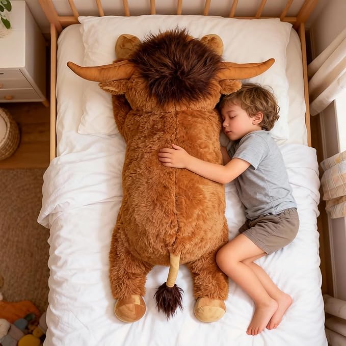 WDXDSOB 38.5 Inch Brown Giant Highland Cow Plush Stuffed Animal - Large Cow Pillow Gift for Kids and Adults, Couch & Bed Decor