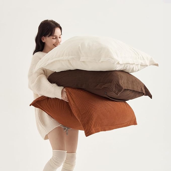 COCO TOP Boho Vintage Massive Pillow Covers - Earthy Brown, Rust & Cream | 30x30, Striped Corduroy, Durable & Machine Washable | Splendid Decor for Large Living Rooms & Master Suites
