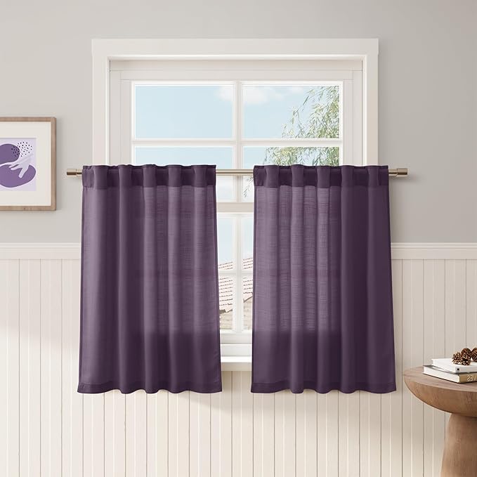 Plum Linen Cafe Kitchen Curtains 24 Inch Length Linen Blend Light Filtering Short Tier Curtain Vintage Rod Pocket Back Tab Design for Small Windows Cafe Bathroom Laundry Room 2 Panels 36Wx24L