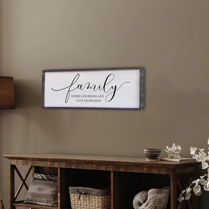 Surfapans Family Where Life Begins Love Never Ends Wall Decor 40"x15" Living Room Hallway Entryway Vintage Large Farmhouse Inspirational Quotes Motto Sign Wood Framed Hanging Home Wall Art (Black)