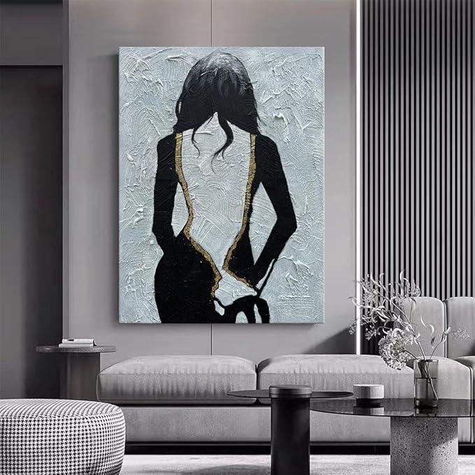zoinart Hand Painted Black and White Textured Wall Art, 28x40 Inches, Black and White Girl Abstract Painting, Vertical Wall Decor