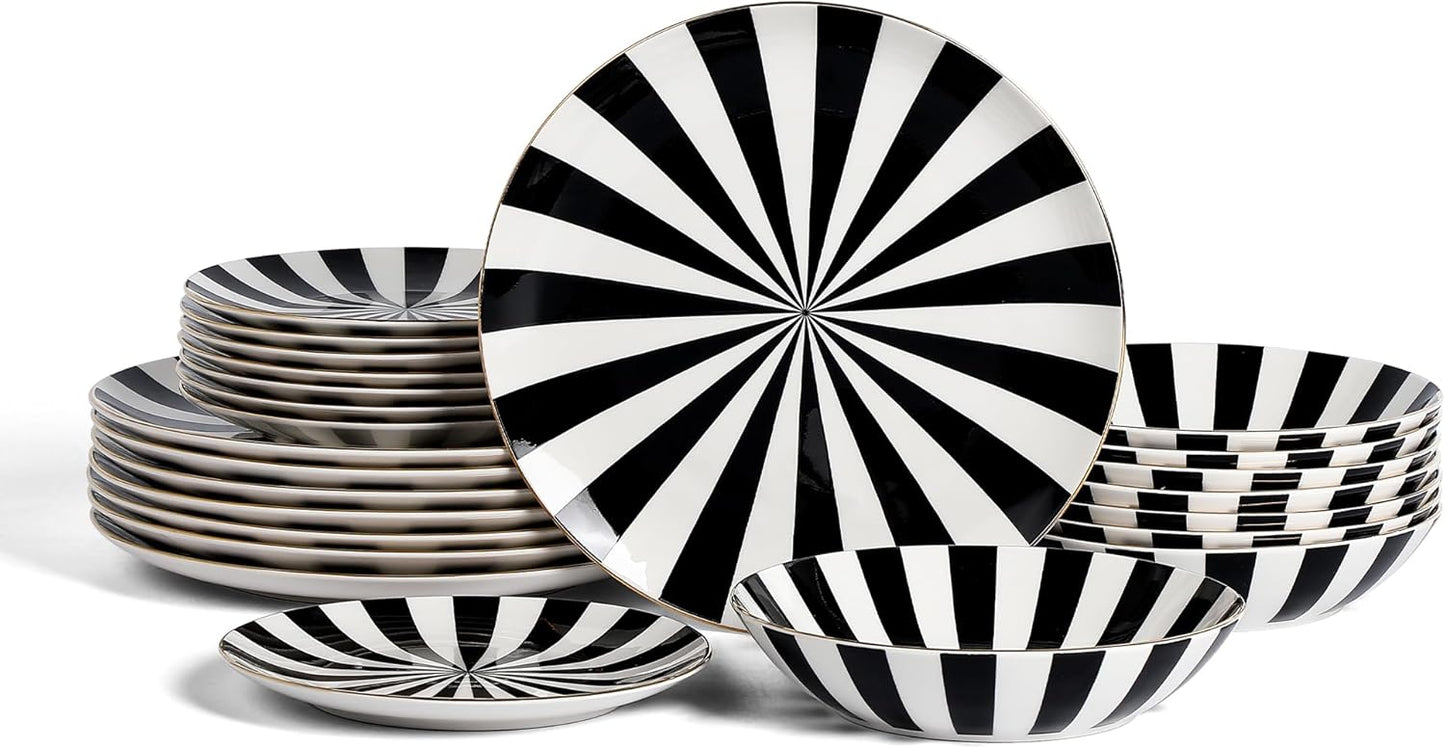 Christian Siriano Empire Porcelain Dinnerware, 24-Piece Plates and Bowls Set, Black and White Dish Set for 8, Gold Trim, Hand Wash Only