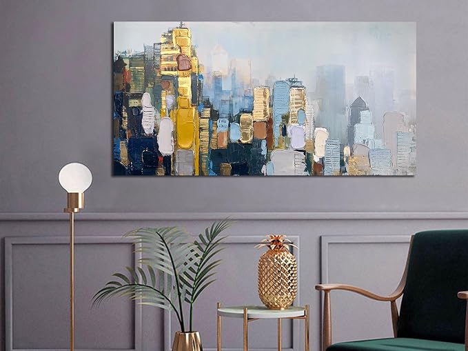 Arjun Neutral Wall Art Painting Oversize Abstract Art Wall Decor Canvas, Textured Skyline for Living Room Gold Painting Modern Artwork for Men Bedroom Cityscape Home Office Wall Decor, 58"x 29"