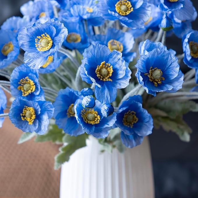 DUYONE Artificial Flowers 6 Stems Poppy Silk Bouquet,for Wedding, Home, Party Decoration,Table Centerpiece Arrangement(Blue)