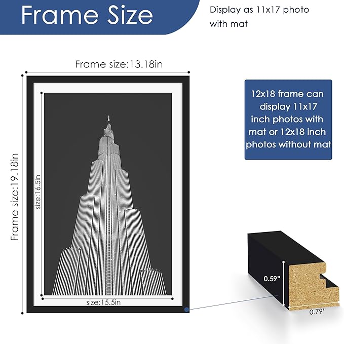 PEALSN 12x18 Picture Frame Set of 6, Display Pictures 11x17 with Mat or 12x18 without Mat for Wall Mounting Display, Poster Frames Collage for Wall Decor, Black.