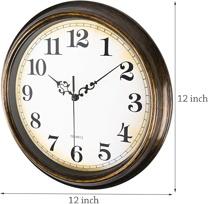 Yoiolclc Wall Clock Battery Operated Silent Non-Ticking Vintage Wall Clocks for Kitchen, School, Living Room (12Inch, Bronze)