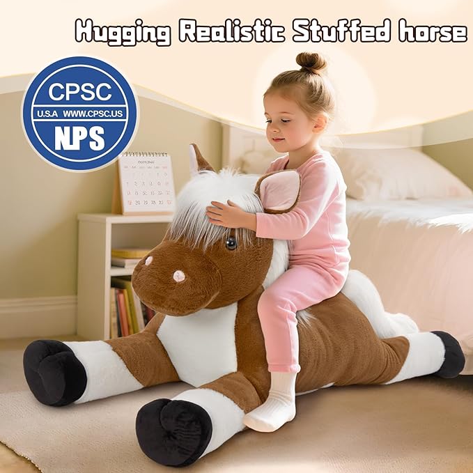 Tezituor 43.3 Inch Giant Horse Stuffed Animals with Long Hair, Realistic Stuffed Horse Plush Toys for Riding, Hugging Brown Horse Plush Pillow for Boys Girls Christmas Birthday Decoration