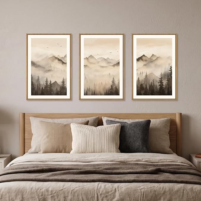Nature Misty Forest Framed Canvas Wall Art Set, Foggy Landscape Wall Decor, Watercolor Pine Tree Wall Painting, Large Mountains Art Print for Living Room, Bedroom, Office - 24"X36"X3