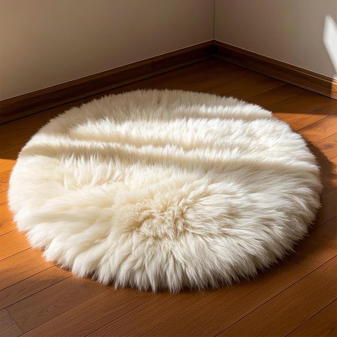 Kopal Round Sheepskin Rug, Real Sheep Skin Fur Rug, Lambskin Area Rug, 3x3 ft, Natural White