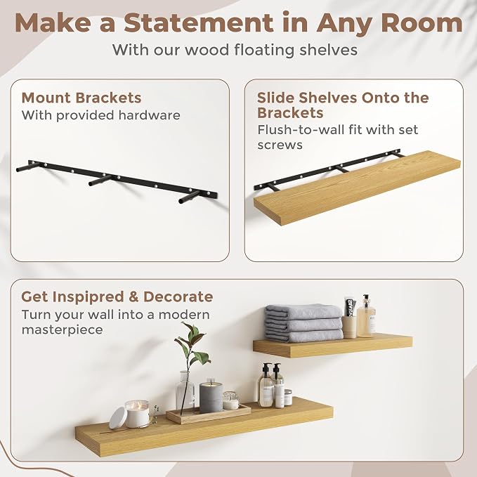 55 Inch Floating Shelves for Wall with Invisible Brackets Set of 2, 12"D Engineered Wood Wall Shelves with Wood Grain for Living Room, Bedroom, Bathroom, Kitchen Decor and Storage, Oak Finish