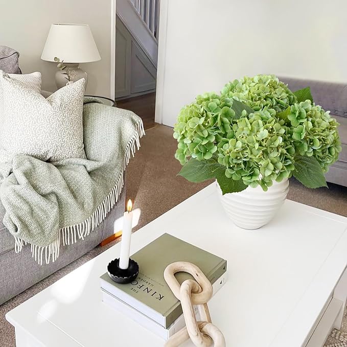 JINWOE Light Green Artificial Hydrangeas, 4Pcs 20" Real Touch Silk Flowers,Lifelike Hydrangeas Stems Faux Flowers for Bouquet Table Centerpieces Indoor Spring Outdoor Home