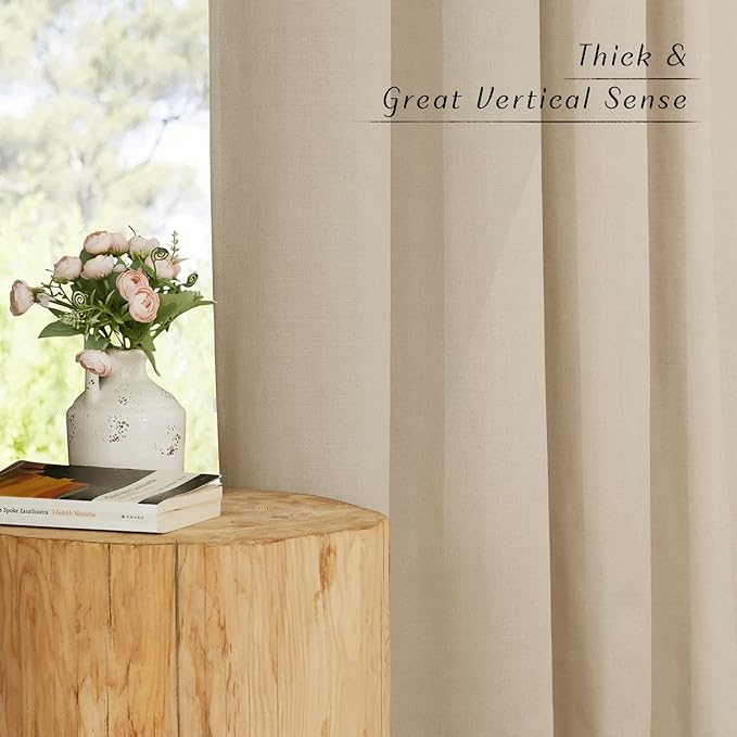 NICETOWN Rustic Linen 132 inch Long Curtains for Living Room, Grommet Privacy Added Thick Linen Weave with Light Filter Window Curtains & Drapes for Bedroom, Angora, W55 x L132, 2 Panels