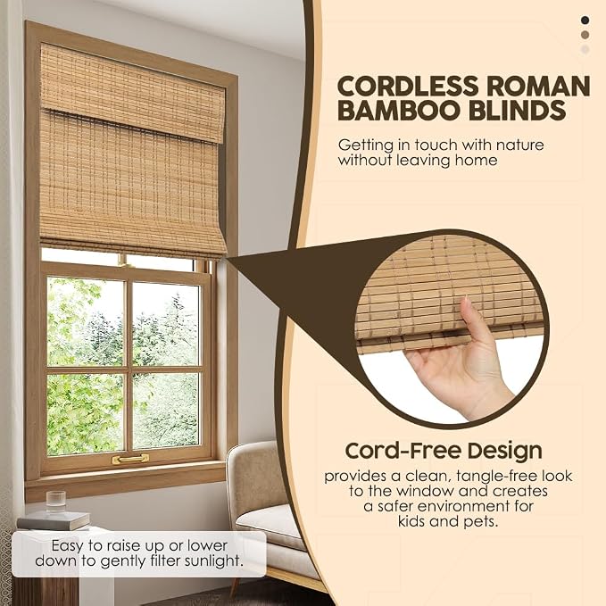 Cordless Bamboo Roman Shades, Light Filtering Bamboo Shades Blinds Window Treatment Roll Up Blind for Windows, 41" W x 64" H, Natural