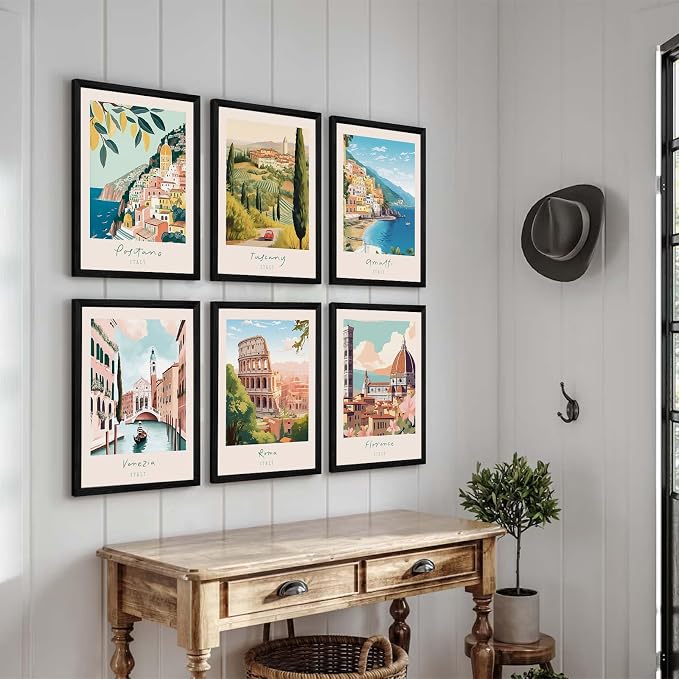 Italian Italy Wall Art Decor Amalfi Coast Travel Poster Italy City Canvas Wall Art Vintage Landscape Beach Painting Artwork Modern for Bedroom Living Room 8x10 Prints Wood Framed Set of 6
