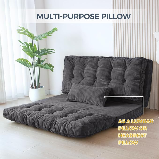 MAXYOYO Folding Sofa Bed, Tufted Bean Bag Bed with Pillows Floor Couch for Adults, Extra Thick and Long Floor Sofa, Twin Couch Bed for Bedroom Living Room, Dark Grey, 39x91 Inch