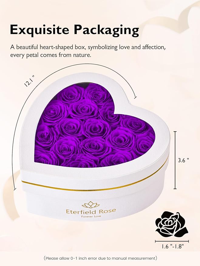 Eterfield 16 Forever Flowers in Heart Shape Box, Preserved Roses That Last a Year Preserved Flowers Birthday Gifts for Her Mom Women Wife Anniversary Valentine's Day Mother's Day, Purple