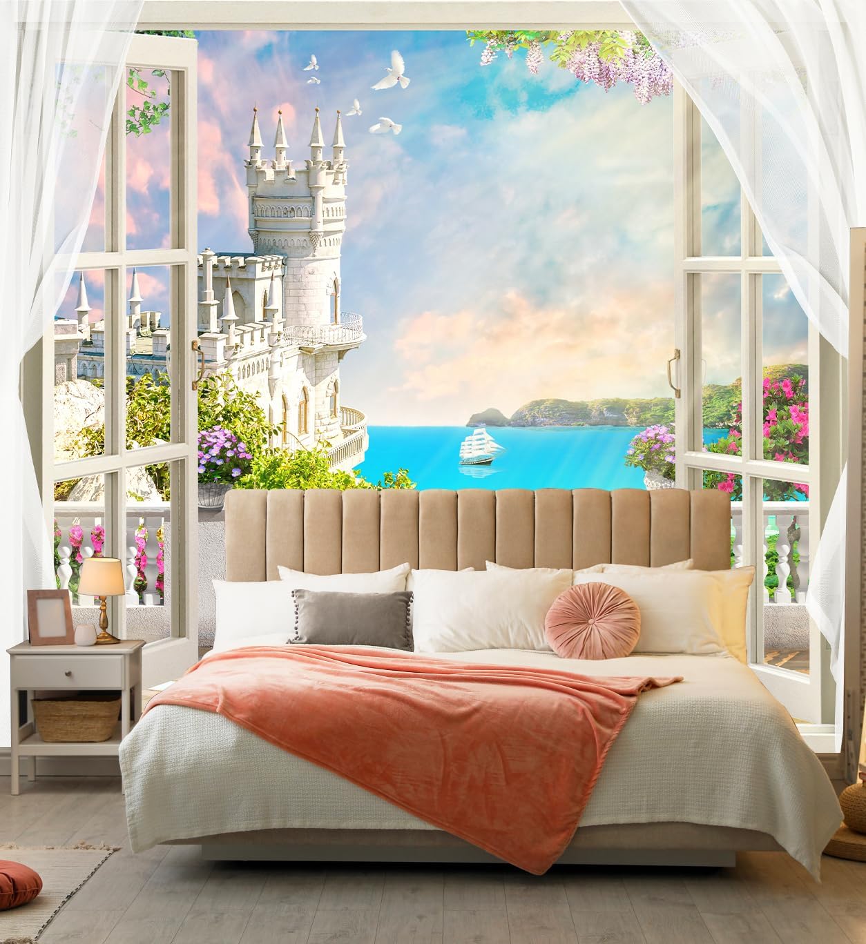 Window Seascape Wall Mural Wallpaper for Bedroom Living Room Bathroom (Not Peel n' Stick)