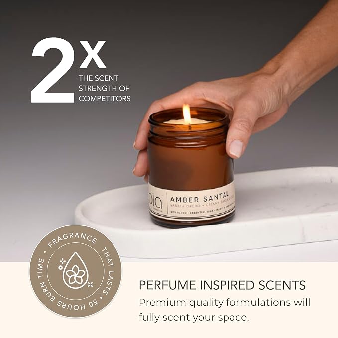 Bia Candle Co Amber Santal Soy Candle, Sandalwood Amber Vanilla Scent, Perfume Inspired, Hand Poured USA, High Fragrance Load, Lead-Free Wick, Reusable Glass Jar, Warm Romantic, 7 oz