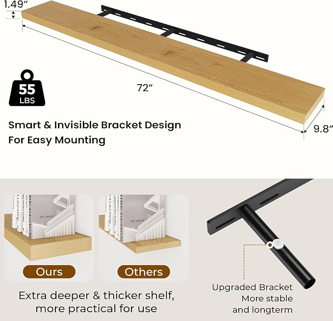 Dreamland 72Inch Oak Floating Shelves 9.8" Deep Wall Mounted Set of 2 | Wall shelves for bathroom, bedroom, Living Room, kitchen, deep wall mount wood storage display for home decor 72" x 9.8"