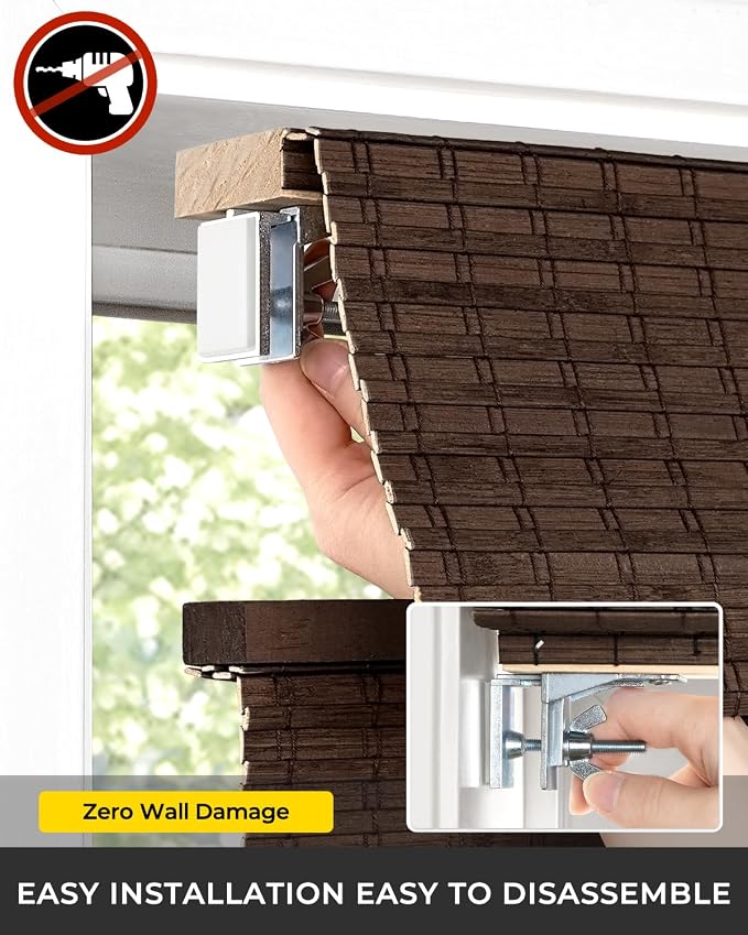 UNISHADES No Drill Cordless Bamboo Roman Shades, 29×64 in, Espresso | Room Darkening Top Down Bottom Up Window Blinds for Indoor Windows