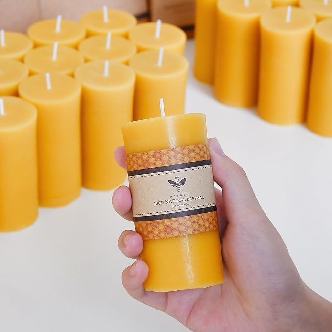 DEYBBY 2 x 4 inch Natural Beeswax Pillar Candles Set of 12, Smokeless Dripless Pure Beeswax Candle Bulk with Natural Scent for for Home Decor Blackout Housewarming Party Event, Long Burn, Yellow
