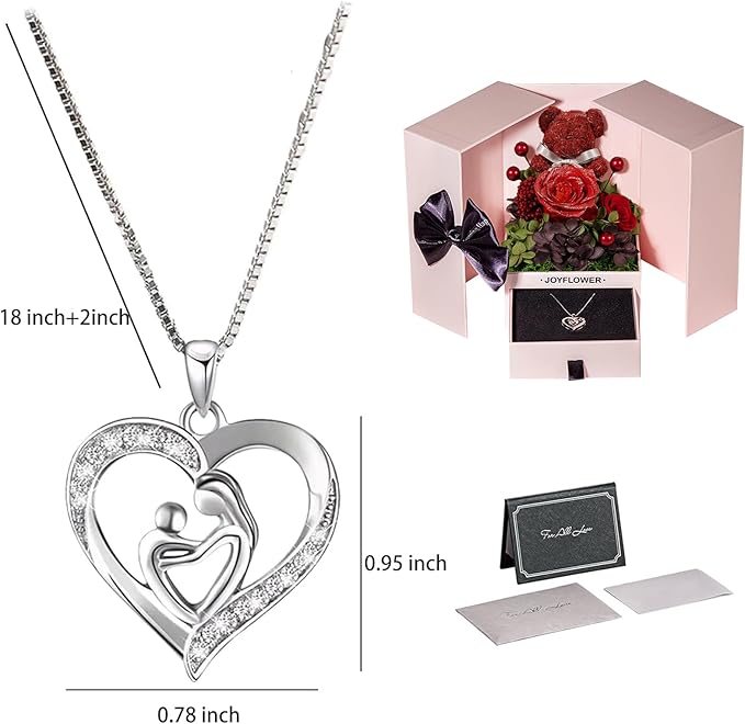 JoyFlower Preserved Flowers with Necklace Gifts for Mom, Unique Pearl Rose Eternal Flower Bear with Necklace Gift for Grandma, Preserved Real Red Roses Birthday for Mother Grandma