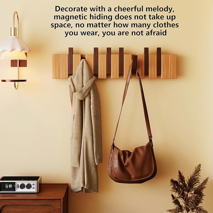 Wall Mounted Coat RackHooks Piano Key Hangers Natural Solid Wood Hanger Non-Woven Fabric Clothes Hangers for Closet, Kitchen, Bedroom, Bathroom, Entryway (Walnut-Beech, 10 Hooks)