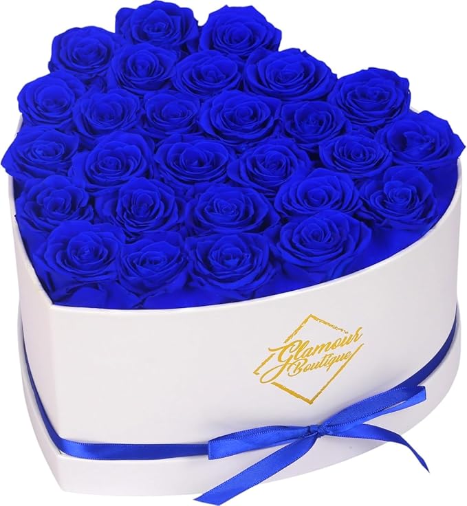 GLAMOUR BOUTIQUE Preserved Roses in a Box - Gifts for Her, Wife & Mom, Rose Flowers Forever Decor for Birthday Gift, Get Well Flower Bouquet Cased in White Box with Cover, Blue, 27 (Color-Treated)
