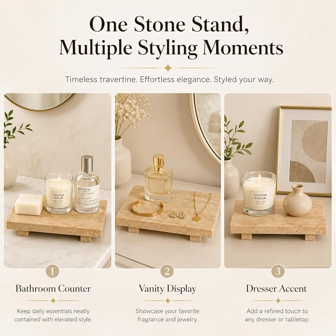 Travertine Vanity Riser for Soap & Perfume 9.84 in | Pedestal Tray for Jewelry and Candles, Decorative Bathroom Counter Dresser Decor