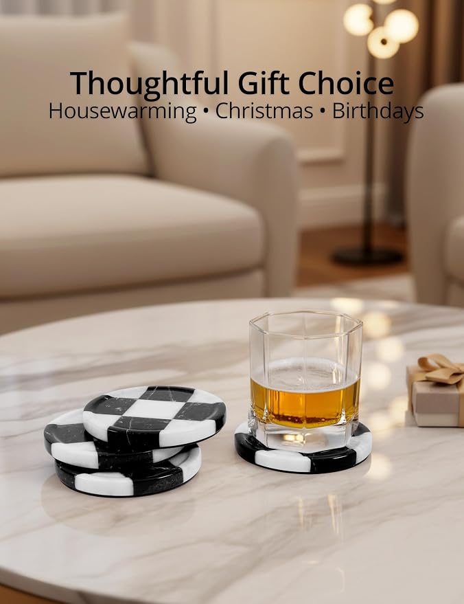 Marble Coasters Set of 4, Zebra Black & White Handmade 4 inch Round Checkered Stone Coaster, Drink Coaster Plates for Living Room, Trendy Office Desk Accessories & Home Décor