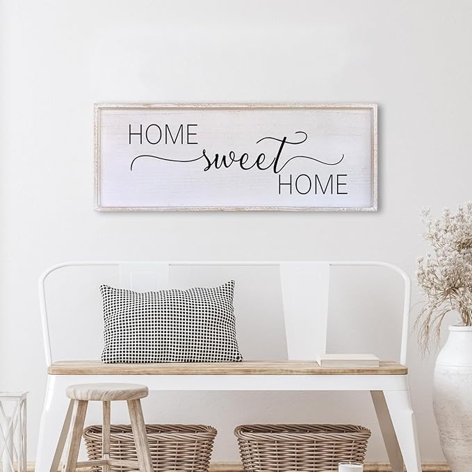 Home Sweet Home Sign Wall Decor 32”X12” Master Family Room Above Bed Beautiful Living Room Above Couch Sign Large Rustic Farmhouse Wood Framed Entryway Hanging Wall Art Decoration (White)