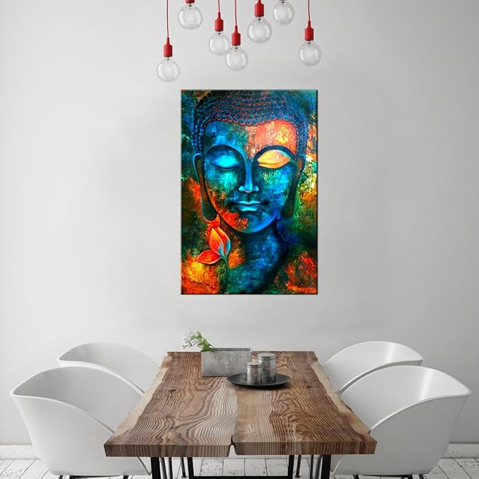 Zen Wall Art Colorful Buddha Wall Decor for Living Room Buddhism Pictures Painting Abstract Lotus Flower Canvas Prints Blue Religious Poster Artwork Bedroom Meditation Room Yoga Home Decoration 24x36"