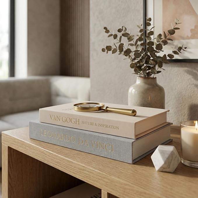 Aesthetic Decorative Books - Set of 2 Linen Boxes with Gold Lettering, Enhance Your Coffee Table, Bookshelf or Mantle Decor - Fake/Faux Books for Home Decoration, Photo & Keepsake Storage