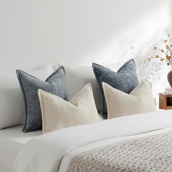 DEZENE Pack of 2 Dusty Blue Decorative Throw Pillow Covers 24x24 Cozy Soft Chenille Accent Vintage Square Couch Pillow Covers for Home Decor Bed Sofa Living Room