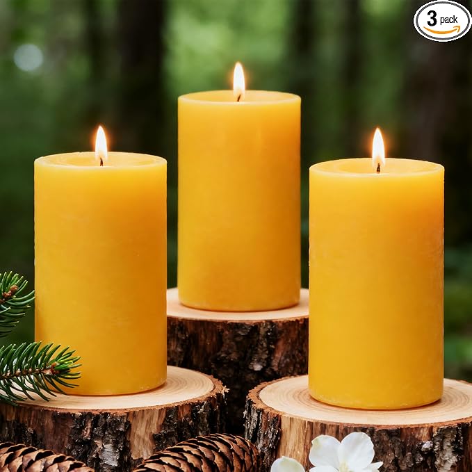 3 inch Thick Natural Yellow Beeswax Pillar Candles - 3 Pack - 100% Pure Bees Wax Candles 6 inch Tall, Long Burning, Unscented Smokeless & Dripless, for Emergency, Prayer, Home Decor, Relaxation