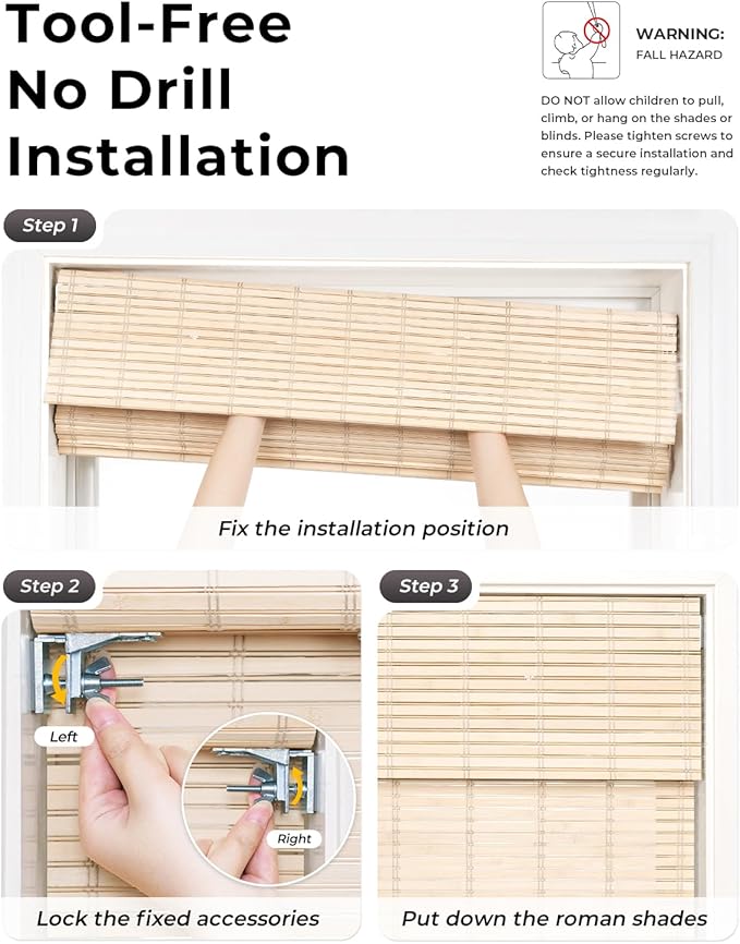 UNISHADES No Drill Cordless Bamboo Roman Shades, 36×64 in, Natural | Natural material, Light Filtering, Easy Install