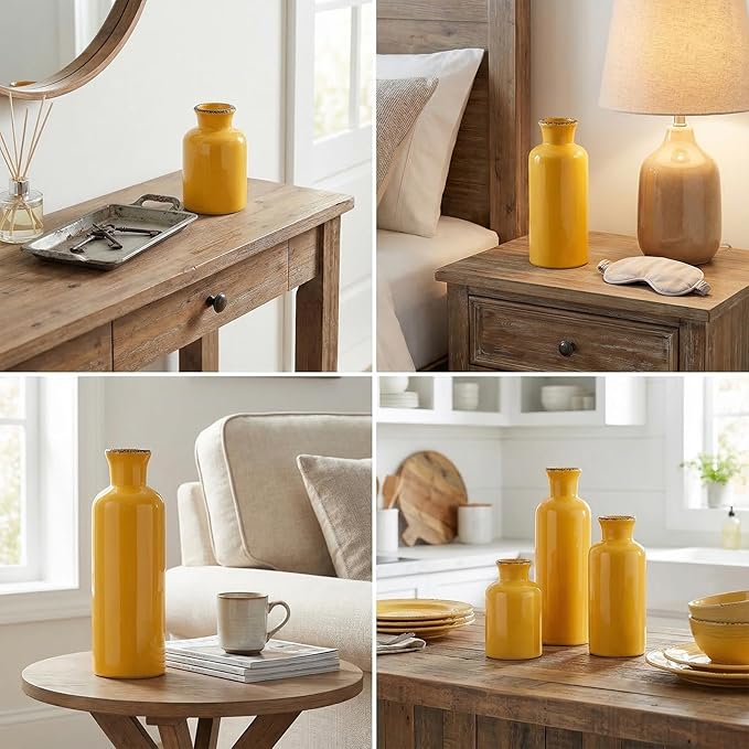CwlwGO- Yellow Ceramic Vase Set,Modern Decorative Vases for Home Decor, Kitchen&Living Room Table Décor,Fireplace & Entrance centerpieces Decorations.