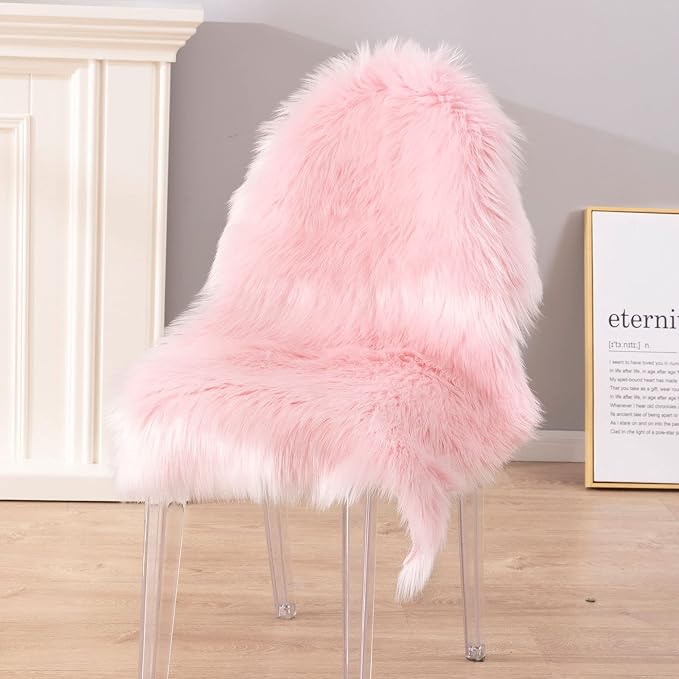 Carvapet Plush Faux Sheepskin Rug - Luxury Soft Pink Chair Cover 2x3 Accent Carpet, Non Slip Suede Backing Shaggy Shag Fur Mat for Bedside Dorm