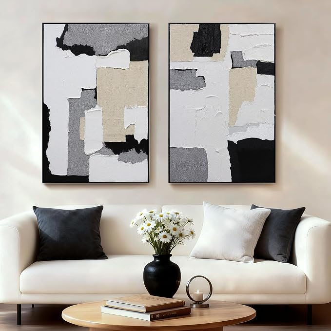 Neutral Abstract Wall Art Hand Painted, 3D Textured with Fabric Wall Decor, Modern Minimalist Framed Canvas Painting, Black White Geometric Artwork for Home Office Living Room Bedroom, 24"x36"x2