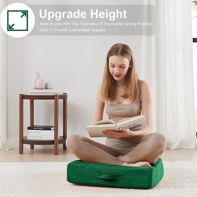 JKMAX 2 Pcs High Density Foam Floor Pillow - Upgraded Large Pillows Seating for Adults - Outdoor Floor Cushion with Soft Tufted Cover - Yoga Pillows for Sitting On Floor - 22 Inch Green