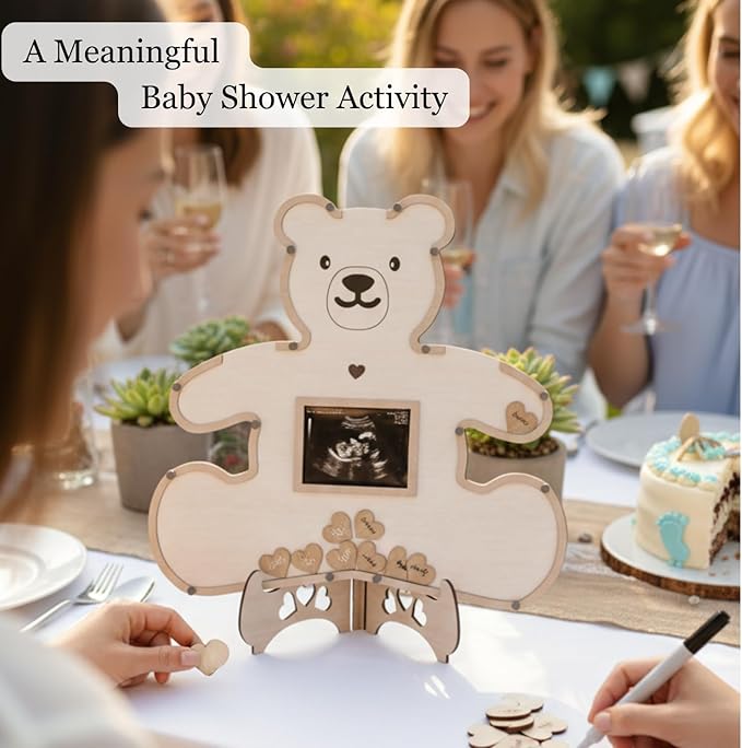 The Real Bossy Baby - Teddy Bear Guest Book Frame Keepsake for Baby Shower - Gender Reveal - Birthday - Large Premium Wood Shadow Box Display - Unique Gift Idea - Personal Nursery Decor - Ultrasound Frame - We Can Bearly Wait Theme - Includes Wooden He...