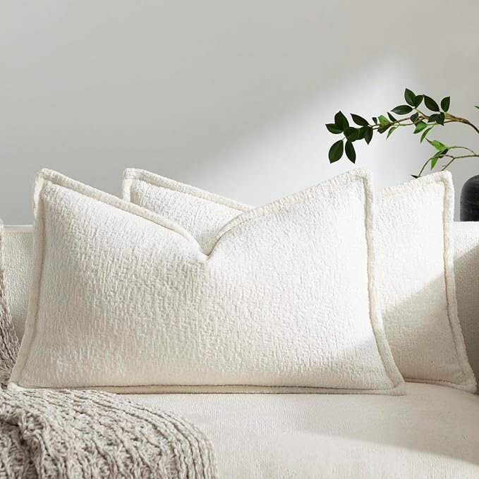 DEZENE Pack of 2 Cream White Decorative Throw Pillow Covers 12x20 Cozy Soft Chenille Accent Vintage Rectangular Lumbar Couch Pillow Covers for Home Decor Bed Sofa Living Room