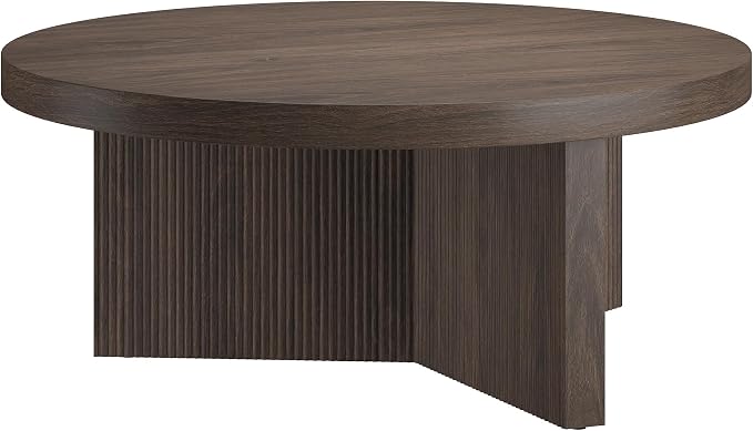 Henn&Hart 36" Fluted Round Low-Profile Coffee Table with Ribbed Pedestal Base Living Room, Family Room, or Office, Rich Brown