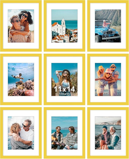 Vittanly 11x14 Picture Frames Set of 9, Shatter Resistant Plexiglass, Display 8x10 Pictures with Mat or 11x14 without Mat, Photo Frames for Wall or Tabletop, Engineered Wood, Yellow