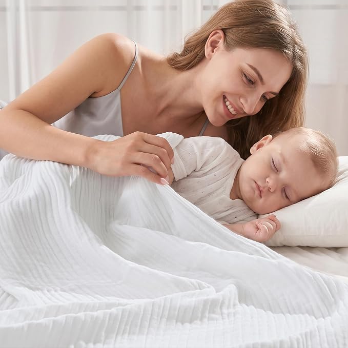 David's Home Soft Muslin Blanket Throw Size for Adults, 60% Rayon 40% Cotton, Breathable Lightweight Cooling Blanket for Hot Sleepers, 4-Layer Cozy Gauze for Bed, 50"x60", White