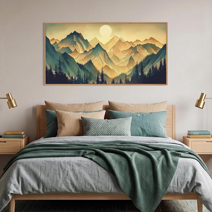 Boho Green Mountain Landscape Framed Canvas Wall Art Set,Abstract Sun Forest Scenery Wall Decor,Bohemian Ridge Lines Pine Tree Artwork for Living Room,Bedroom,Dining Room,Office-40 x20 x1
